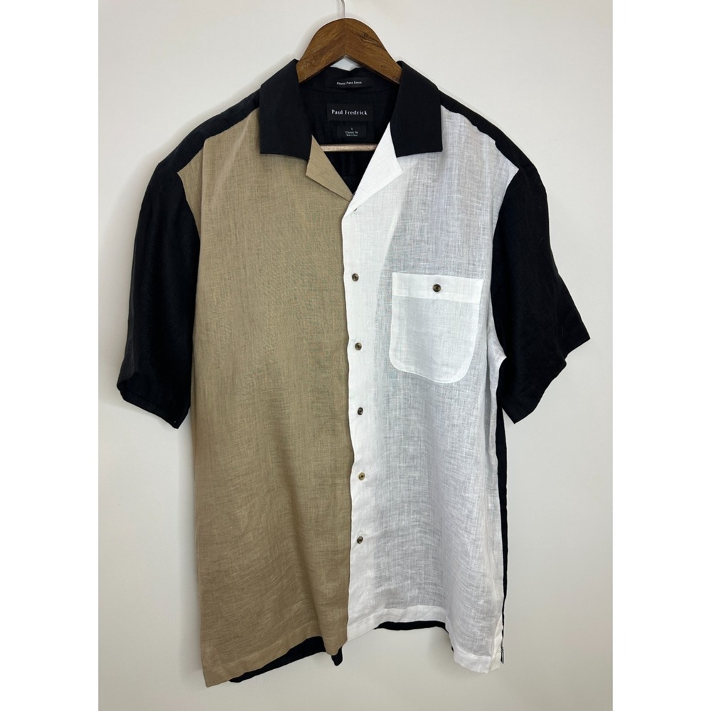 Paul Fredrick Linen Colorblock Short Sleeve Button Shirt Large Coastal Resort - Picture 2 of 10